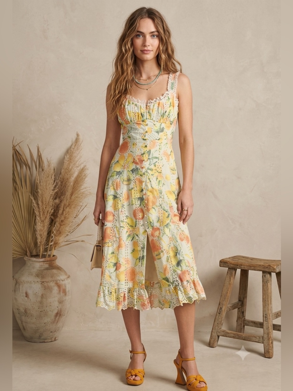 NWT Anthropologie ruffled eyelet fruit print delicate lace trim Midi Dress Sz XS
